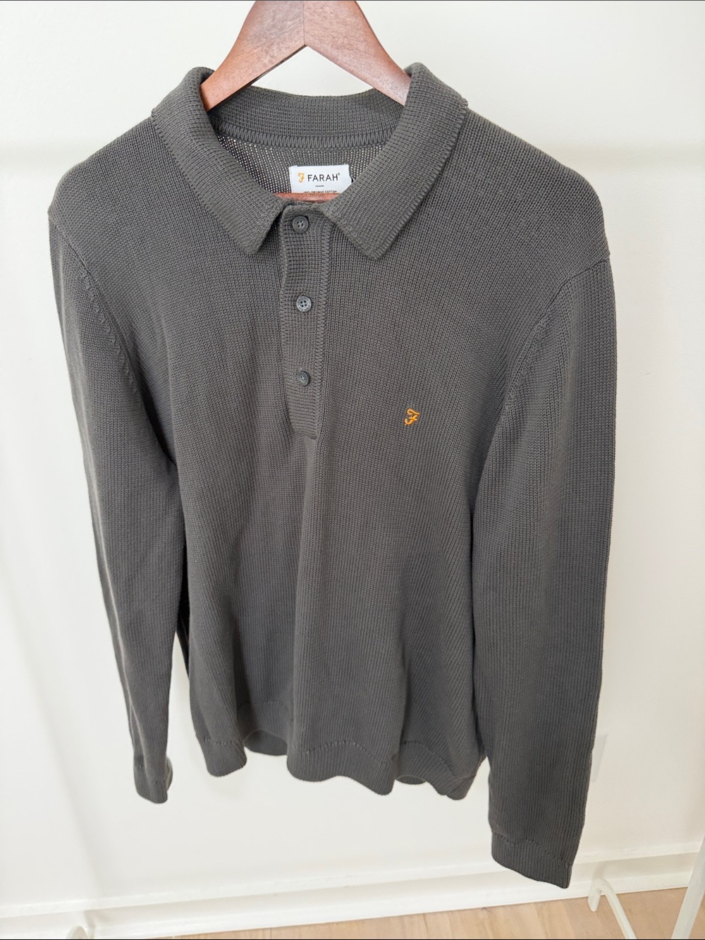 Farah Charcoal Knit Long-Sleeve Polo with Gold Logo